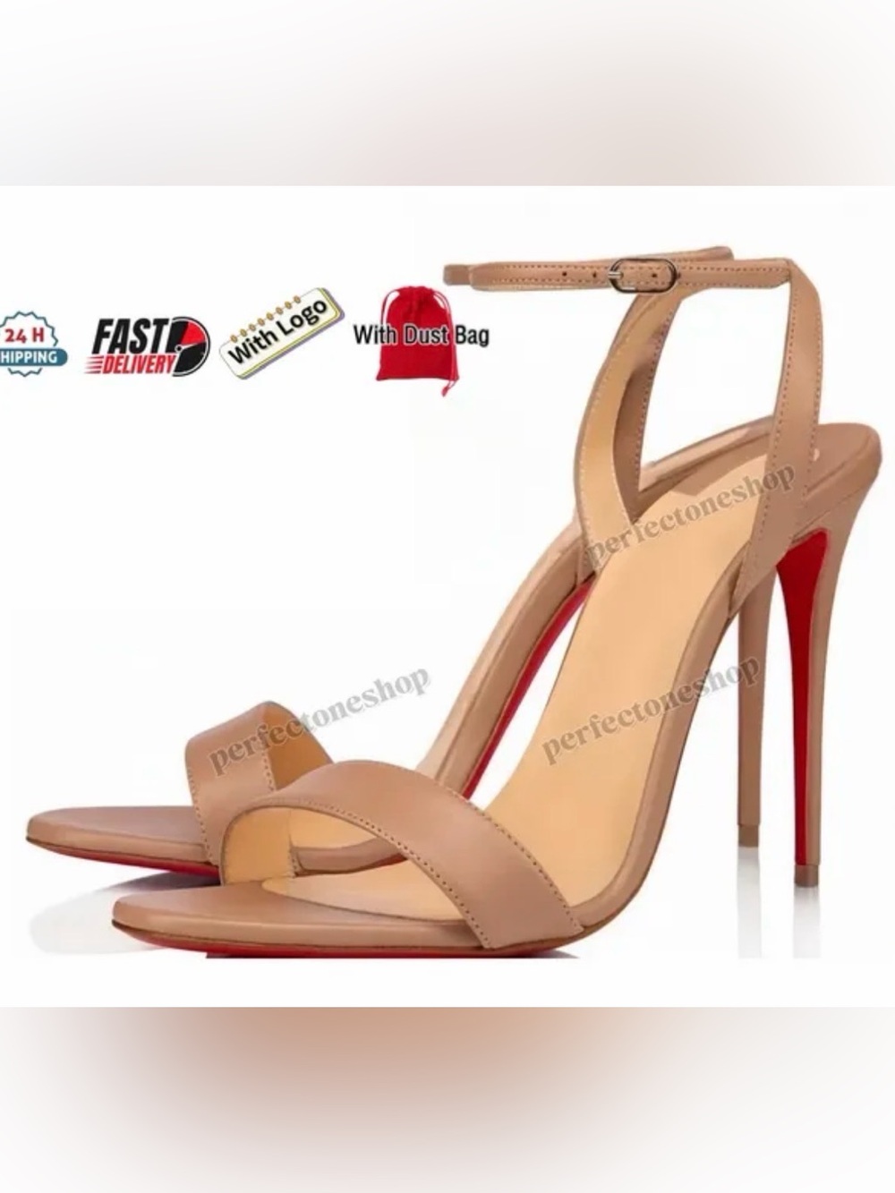 1 Beige & 1 Black pair of Ankle-Strap Stiletto Sandals with Red Sole